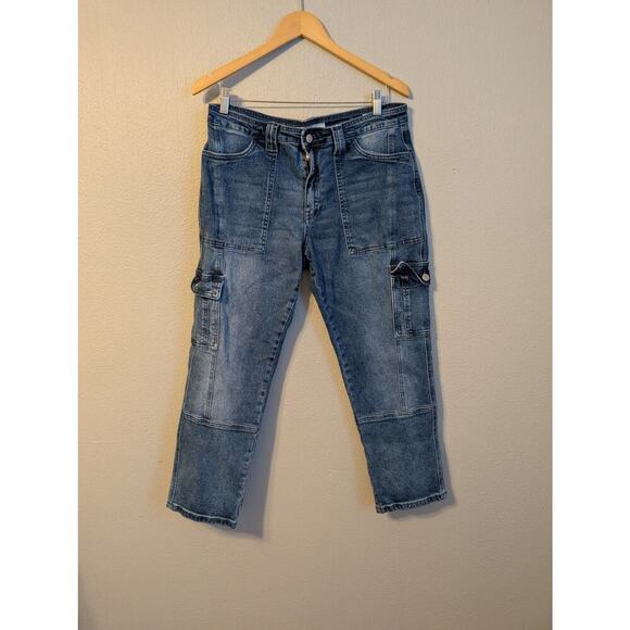 KanCan Cargo Jeans Womens 29 Blue Denim Mid Rise Med‎ Wash Zip Fly Cropped - Picture 1 of 10